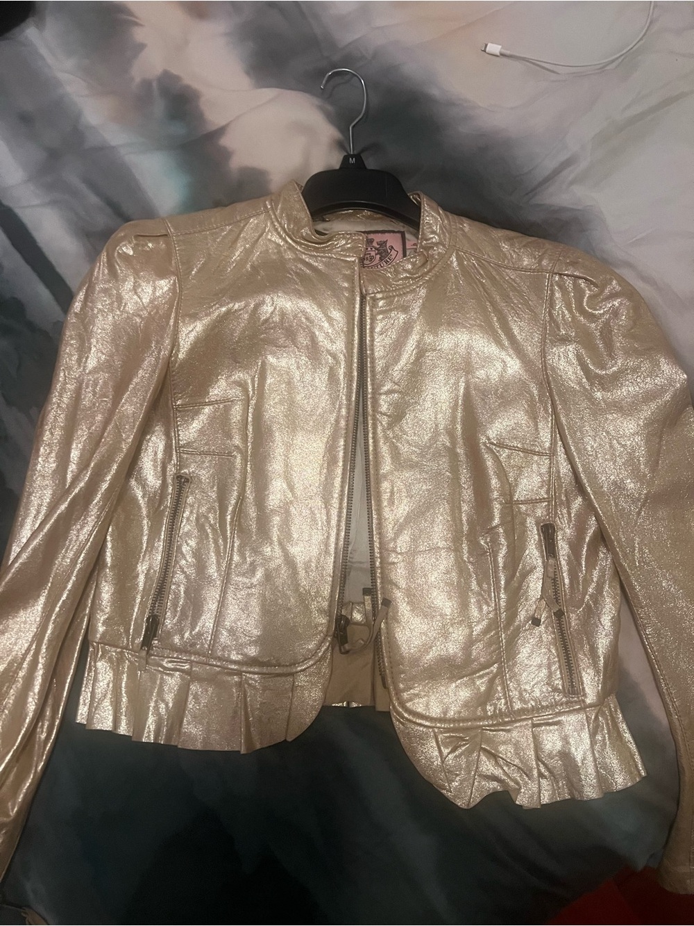 Vintage Juicy Couture Metallic Gold Cropped Leather Ruffle Jacket